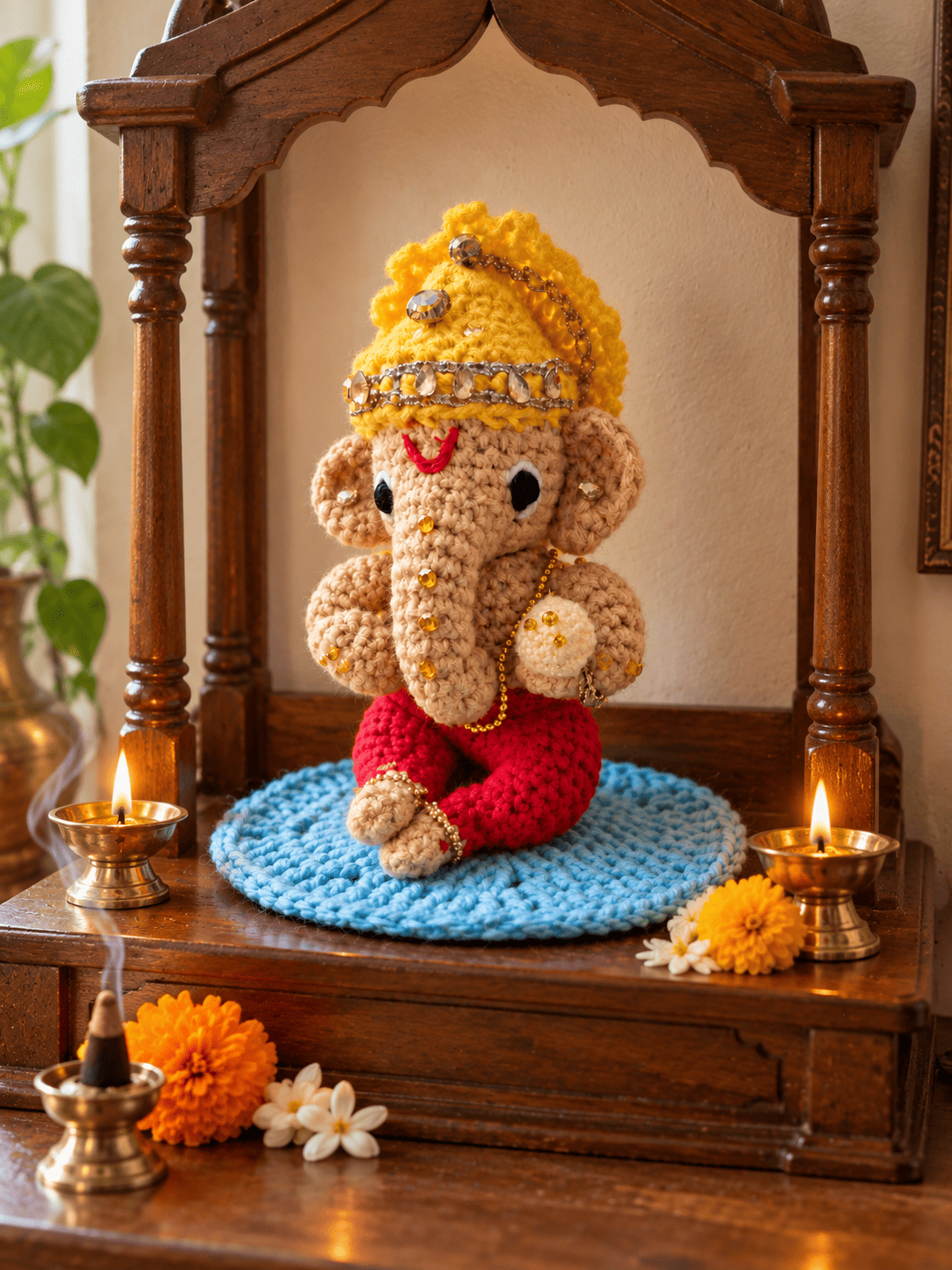 Ganesha seated in a wooden shrine between two lit brass diyas, with marigolds and jasmine at his feet