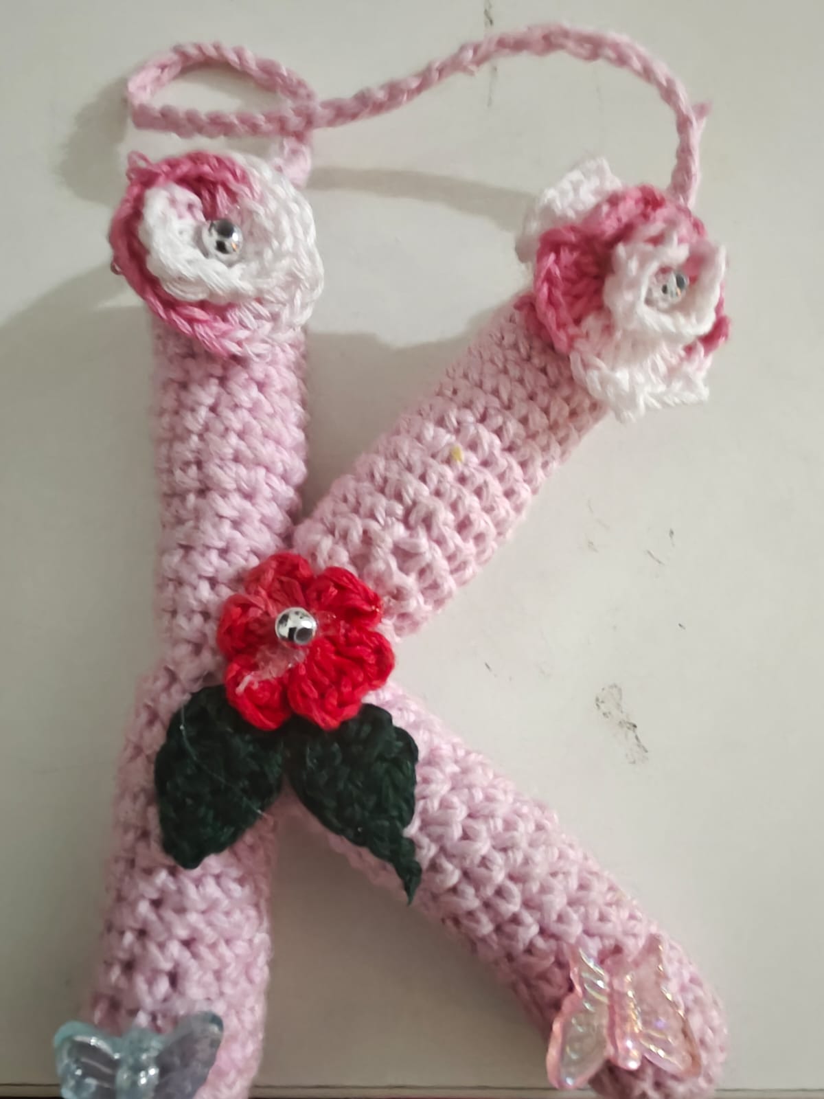 Crochet letter K in pink